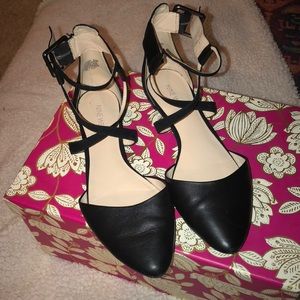 Nine West black leather, ankle strap flats